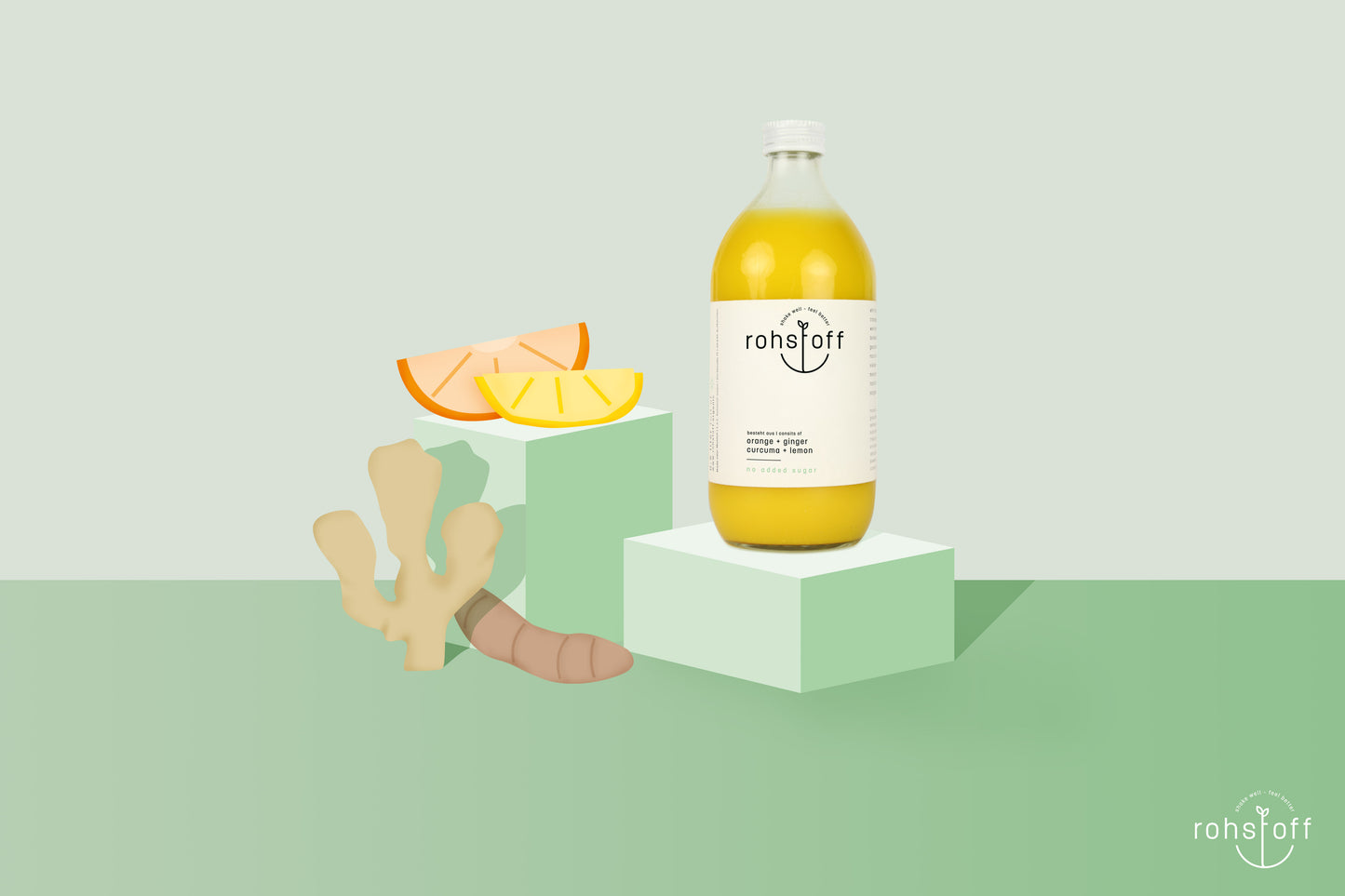 rohstoff orange + ginger + lemon + curcuma steht auf einem grünen Block. Daneben steht ein weiterer grüner Block mit den inhaltsstoffen.