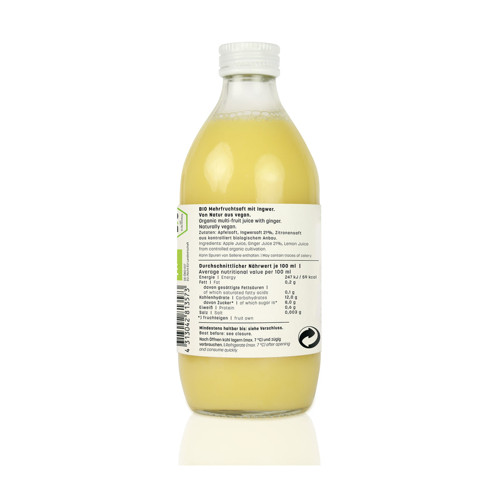rückseite rohstoff apple + ginger + lemon in 0,33l mit angaben zu den nährwerten und inhaltsoffen.