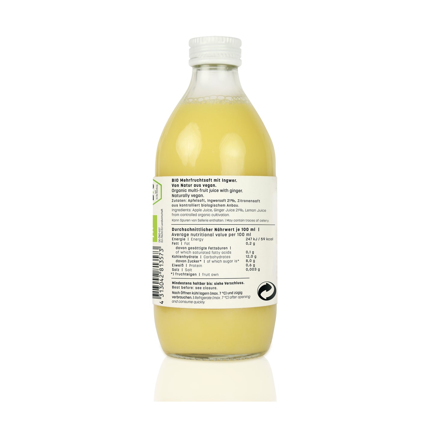 rückseite rohstoff apple + ginger + lemon in 0,33l mit angaben zu den nährwerten und inhaltsoffen.
