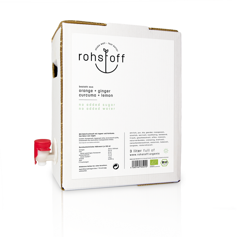 
                  
                    Produktbild der 3 l Bag-in-Box in der sorte orange + ginger + curcuma + lemon.
                  
                